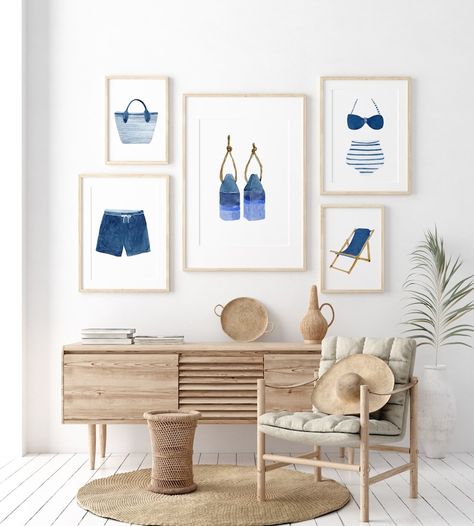 Watercolor Vintage Swimwear Art Print Set Perfect Beach - Etsy Vintage Beach Wall Art, Nautical Home Decor Coastal Style, Lake House Wall Decor Ideas, House Gallery Wall, Lake House Living Room Decor, Small Lake Houses, Lake House Bathroom, House Lake, Watercolor Vintage