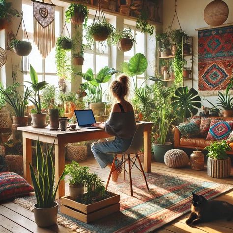 Apothecary Office, Boho Art Studio, Boho Office Space Workspaces, Office With Plants, Plant Home Office, Boho Beach Bedroom, Bohemian Home Office, Boho Home Office, Sunroom Office