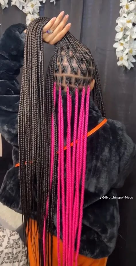 Knotless With Pink In The Back, Knotless Box Braids With Designs, Dark Pink And Black Braids, Long Pink And Black Knotless Braids, Pink Black And Blonde Braids, Black And Pink Boho Braids, Hot Hair Styles Braids, Black Girls Hairstyles Braids With Color, Knotless Box Braids Peek A Boo Color