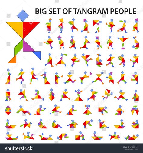 Set of vector tangram puzzles (geometric puzzle) for the development of logical thinking of children and adults. Collection of 72 color people silhouettes. Vector illustration #Ad , #SPONSORED, #development#puzzle#thinking#logical Tangram Patterns, Geometric Puzzle, Upcycle Kids, Diy Montessori Toys, Tangram Puzzles, School Murals, Logic Puzzles, Logical Thinking, Pattern Play