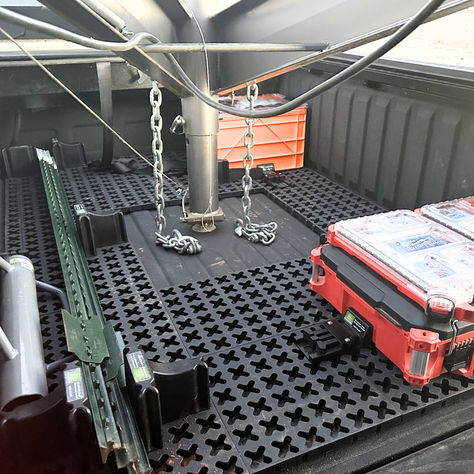 Need a solution to secure your items in the back of your truck bed, but you also have a gooseneck? No worries, Tmat easily fits around any gooseneck so you can optimize your truck bed cargo space! K10 Chevy, Bed Organization, Truck Bed Organizer, Truck Bed Organization, Christmas Car Decorations, Bed Organizer, Truck Storage, Truck Mods, Truck Camping