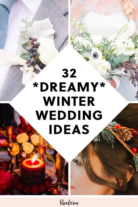 32 *Dreamy* Winter Wedding Ideas  #purewow #bride #beauty #winter #decor #wedding #bridesmaid #fashion #wedding planning Simple Outdoor Winter Wedding, Outdoor December Wedding Ideas, Weddings In January, Winter Wedding Essentials, Wedding Decor Winter Theme, Winter Wedding Bride Dress, Dreamy Winter Wedding, Winter Bride Accessories, Wedding Bouquets Bride Winter