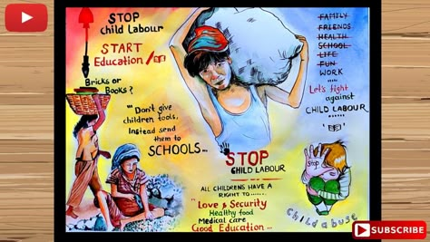 Stop child labour poster 2021 Meaningful Poster Ideas, Labour Day Charts For School, Education For All Drawing, Drawing On Labour Day, Poster On Importance Of Education, Poster Design Painting, Anti Child Labour Day Poster, Child Labour Poster Creative, Drawing On Education