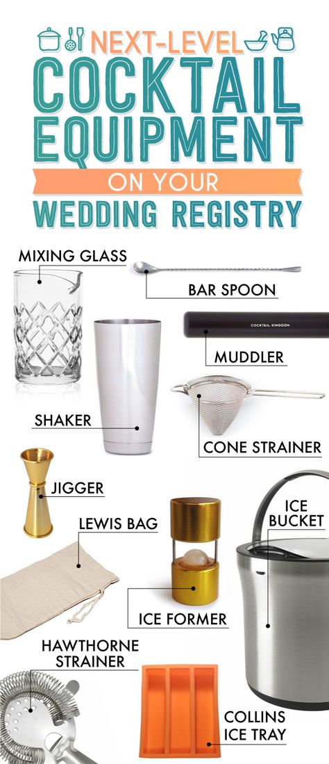 The Essential Wedding Registry List For Your Kitchen Bar Equipment List, Wedding Registry List, Cocktail Equipment, Wedding Registry Checklist, Best Wedding Registry, School Function, Cocktail Tools, Registry List, Miami Wedding Venues