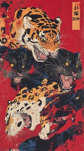 ↑↑↑ Larger size on website 🔸 A vibrant, almost abstract, artwork depicts three fierce felines against a bold red background. The Japanese Tiger Art, Panther Drawing, Colors Japanese, Japanese Tiger, Tiger Poster, Tiger Wallpaper, Retro Gaming Art, Eastern Art, Tiger Art