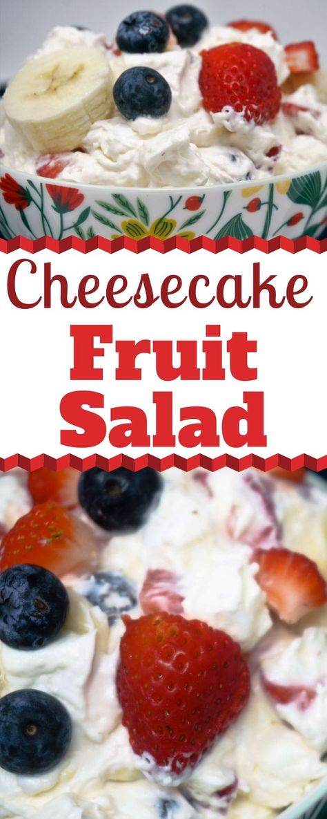 Cheesecake Fruit Salad is a luscious creamy salad that is full of fresh fruit, including strawberries, blueberries, and bananas. It's quick and easy to put together so it's perfect for any family dinner. You'll definitely want a big bowl. | Cheesecake Pudding Fruit Salad | Strawberry Banana Cheesecake Salad | Creamy Fruit Salad | Cool Whip Fruit Salad | Cream Cheese Fruit Salad | #FruitSalad #Salad #Recipes #Strawberry #Banana #Blueberry Blueberry And Strawberry Salad, Fruit Salad Cream Cheese, Salad Recipes Strawberry, Cool Whip Fruit Salad, Fruit Salad Cool Whip, Cream Cheese Fruit Salad, Glorified Rice, Fruit Salad With Cream, Strawberry Banana Cheesecake Salad