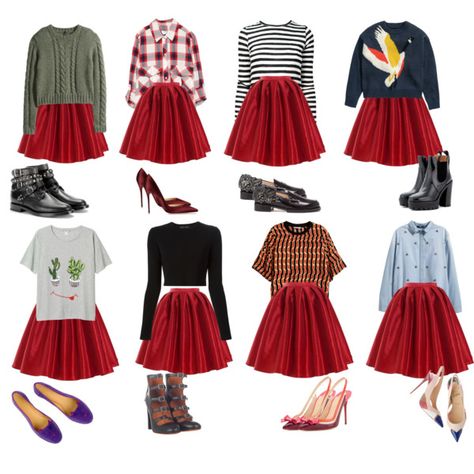 Red Skirt Outfit Casual, Styling Red Skirt, Faldas Rojas Outfit, How To Style Red Skirt, Red Skirt Outfit, Red Skirt Outfits, 50s Outfits, Skirt Inspiration, Fifties Fashion