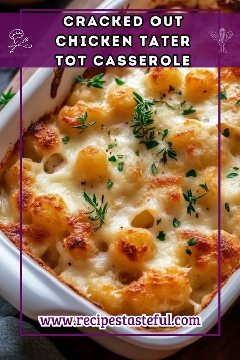 This Cracked Out Chicken Tater Tot Casserole combines tender chicken, creamy ranch flavor, crispy bacon, and cheesy goodness, all topped with golden tater tots. It’s an easy, comforting dish perfect for family dinners or potlucks! Chicken Caseroles, Cracked Out Chicken, Best Tater Tot Casserole, Cracked Out, Chicken Tater Tot Casserole, Tater Tot Recipes, Tater Tot Casserole Recipes, Creamy Ranch, Tot Casserole