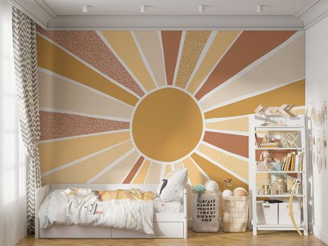 Nursery Wallpapers, Here Comes The Sun Nursery Theme, Vibrant Nursery, Sunset Nursery Theme, Baby Room Paint Colors, Baby Room Murals, Sunshine Room, Sun Wall Painting, Orange Kids Room