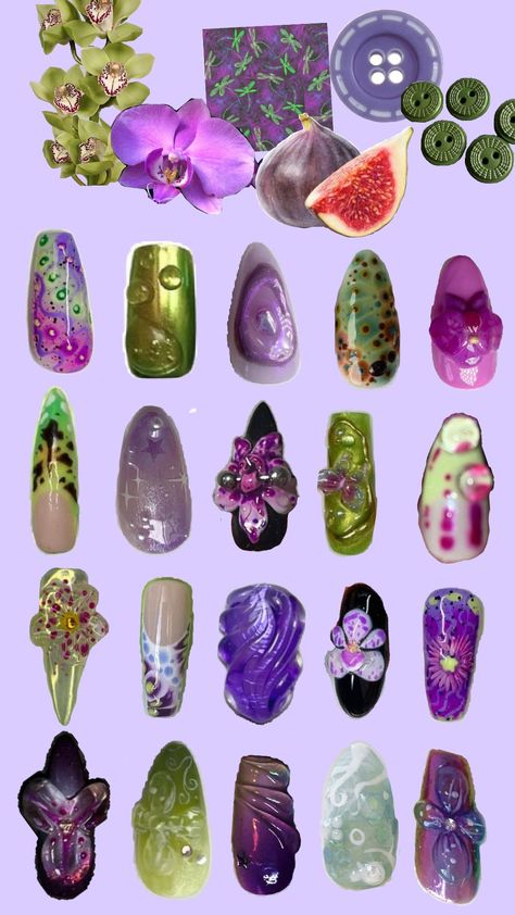 latest obsessions (purple and green) Emerald And Purple Nails, Purple Green Black Nails, Green And Purple Nails Ideas, Forest Fairy Nails, Purple And Green Nails Design, Purple Jewelry Aesthetic, Green Purple Nails, Purple Green Nails, Purple Green Aesthetic