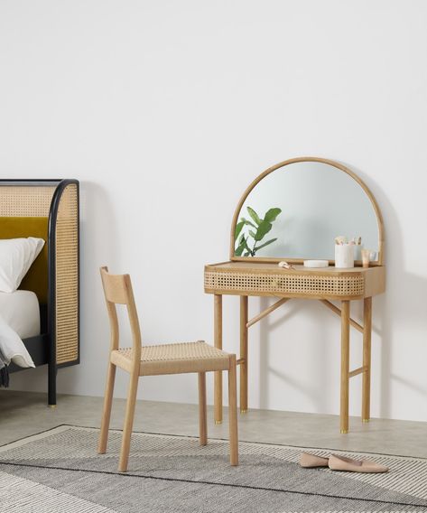 Ankhara Dressing Table, Rattan & Oak | MADE.com Dressing Table With Storage, Rattan Bedroom Furniture, Retro Dressing Table, Dressing Table Decor, Dressing Table With Drawers, Dressing Table Storage, Dressing Table Design, Led Furniture, Table With Storage