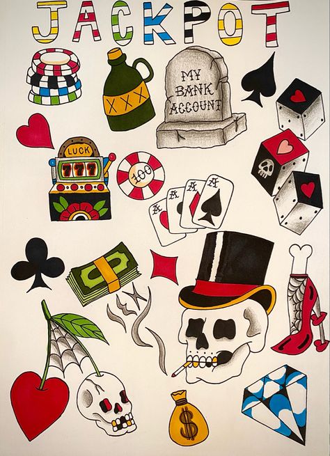 Traditional Poker Tattoo, Vegas Theme Tattoo, Las Vegas Tattoo Ideas, Jackpot Tattoo, Slot Machine Tattoo, Casino Art, Poker Tattoo, Vintage Slot Machines, Skull Dice