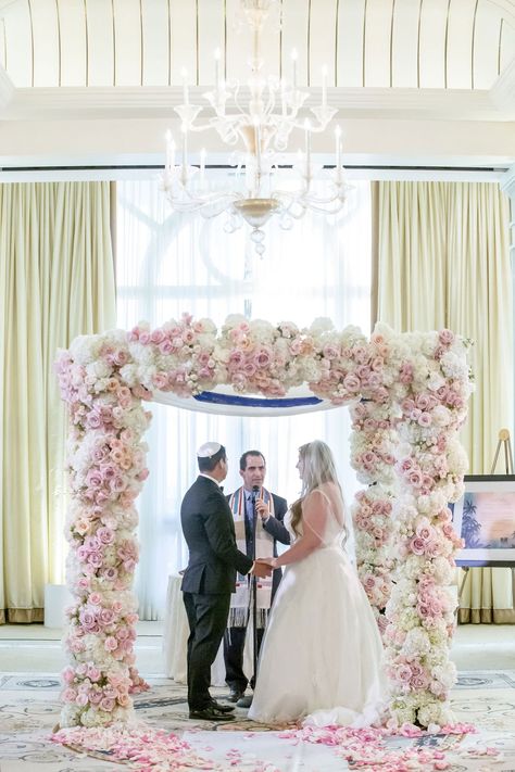 wedding-ceremony-ballroom-blush-and-white-rose-flower-chuppah-chandelier-casa-del-mar Flower Chuppah, Wedding Flower Types, Chuppah Flowers, Ocean View Hotel, Wedding Chuppah, Altar Ideas, Inside Weddings, White Rose Flower, Wedding Altars