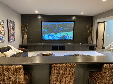 #diy #basementguide #basement #basementrenovation Long Open Basement Ideas, Movie Room Built Ins, Projector Basement, Multiple Tv Wall Ideas Man Cave, Basement Before And After, Basement Projector Wall Ideas, Basement Tv Wall Ideas, Family Game Room Design, Basement Entertainment Room Ideas