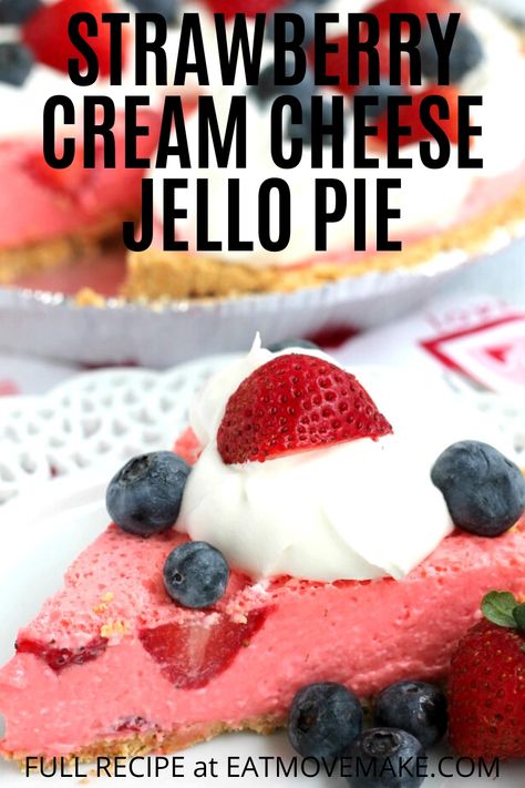 Add fresh strawberries and blueberries to this strawberry cream cheese jello pie for a cool, refreshing easy summer dessert recipe idea!   #nobakepie #jellopie #strawberry #summerdessert Cream Cheese Jello, Strawberry Jello Dessert, Strawberry Jello Pie, Strawberry Cream Cheese Pie, Jello Pie, Lime Jello Salads, Easy Summer Dessert Recipes, Easy Summer Dessert, Strawberry Pie Recipe