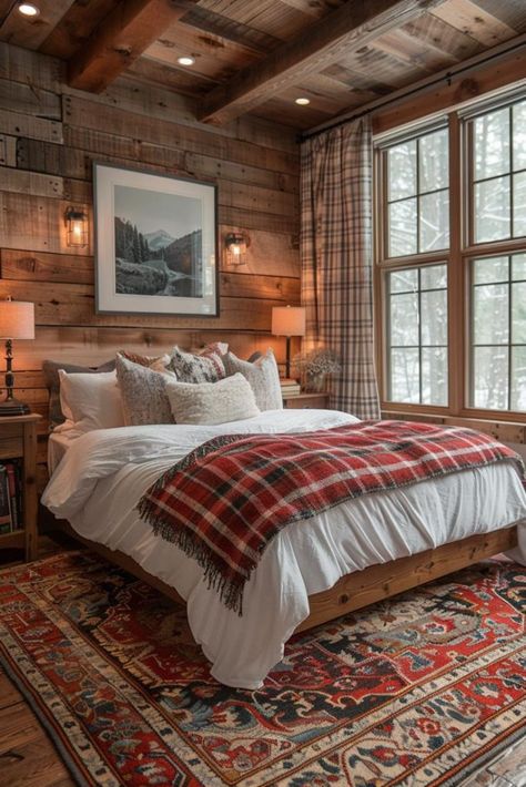 Rustic Cabin Ideas Interiors, Lodge Decor Rustic Master Bedrooms, Cabana Bedroom Ideas, Mountain Aesthetic Home Decor, Cozy Cabin Decorating Ideas, Minimalist Cabin Interior, Cabin Bedding Ideas, Farmhouse Cabin Bedroom, Cozy Mountain Home Interiors