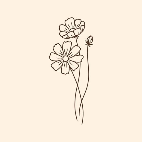 Tender flowers 🖤 #flowers #floralicons #florallogo #plantillustration #botanicelements #botanical #logoelements #lineicons #lineart #lineillustration #handdrawn #simpleillustration #natalieartshop #etsy #etsyshop #designcuts #digitaldrawing #digitalartist Cosmo Line Drawing, Cosmos Flower Drawing Simple, Cosmo Flower Tattoo Simple, Flower Outline Drawing Simple, Cosmo Flower Drawing, Flask Drawing, Flower Cosmos, Colour Tattoo, Logo Elements