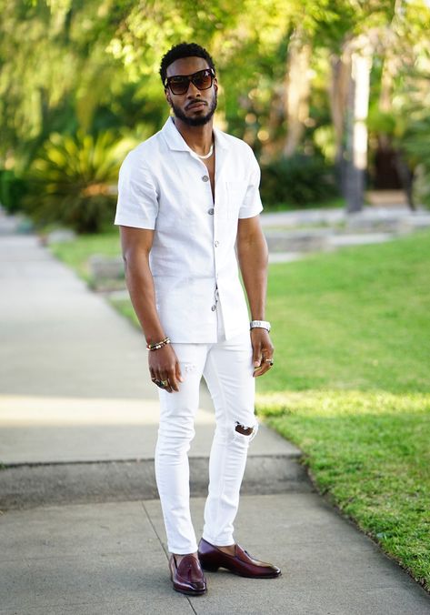 MCCALLS 7206 MODIFIED & STYLED IN ALL WHITE OUTFIT – Norris Danta Ford All White Mens Outfit, All White Party Outfits, White Outfit For Men, White Party Outfit, White Summer Outfits, Monochrome Makeup, Celana Fashion, Party Outfit Men, White Pants Outfit