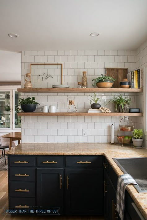 DIY Open Shelving in the Kitchen Diy Open Shelving, Dapur Rustic, Kitchen Ikea, Cabinets Countertops, Kabinet Dapur, Countertops Kitchen, Dark Kitchen Cabinets, Dark Cabinets, Kitchen Diy