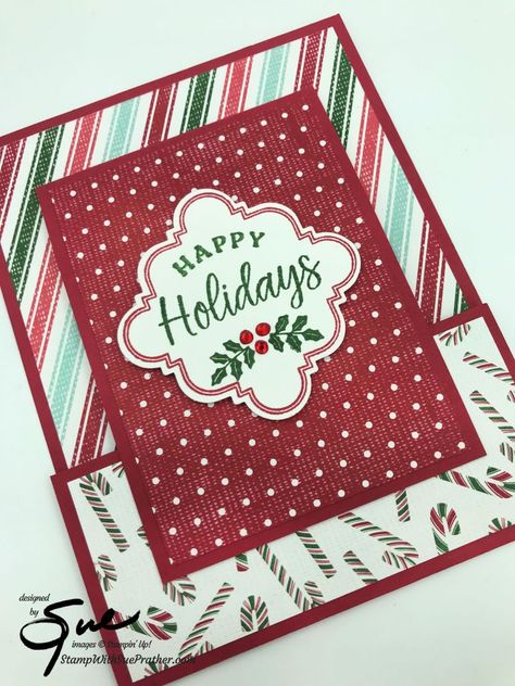 Stampin’ Up! Handmade Wishes Happy Holidays for the Happy Inkin’ Thursday Blog Hop | Stamp With Sue Prather Stampin Up Handmade Wishes, Folded Christmas Cards, Snow Christmas Cards, Candy Cane Cards, Xmas 2022, Stamped Christmas Cards, Fancy Fold Card Tutorials, Homemade Card, Joy Cards