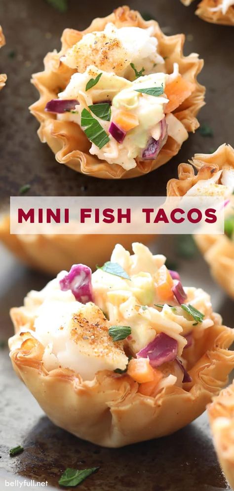 Served as an appetizer in mini fillo shells, these Mini Fish Tacos will be a hit at your next get together! The fish is baked, not fried, for a healthier version. #fishtacos #fishtacoshealthy #fishtacoswithcabbageslaw Fish Finger Food Ideas, Fish Appetizers Parties, Appetizers With Seafood, Fish Themed Appetizers, White Fish Appetizers, Cold Fish Appetizers, Fish Hors D’oeuvres, Fish Brunch Ideas, Fish Bites Appetizers