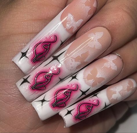 Baby Phat Nails, Medium Y2k Nails, Baby Phat Tattoo, Bratz Nails Acrylic, Nail Design Y2k, Early 2000s Nails, Cute Y2k Nails, 2000s Nail Art, Trashy Y2k Nails