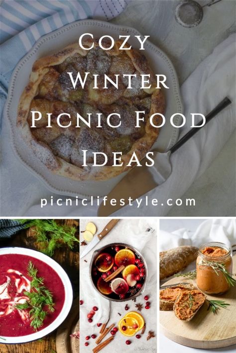 These cozy winter picnic food ideas will inspire you to pack the picnic basket and hit the great outdoors no matter the weather. From winter warming picnic soups to seasonal salads and picnic sandwiches. Winter Bonfire Food, Outdoor Winter Picnic, Picnic Hamper Ideas, Hot Picnic Food, Indoor Winter Picnic Ideas, Cold Weather Picnic Food, Outdoor Winter Party Food Ideas, Winter Picnic Ideas Outdoors, Indoor Picnic Food Ideas