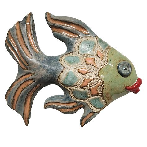 Farlie by Laurie Pollpeter Eskenazi (Ceramic Wall Sculpture) Ceramic Fish Wall Art, Clay Fish Sculpture, Hand Built Ceramics, Polymer Clay Fish, Fish Tiles, Ceramic Charms, Ceramic Crafts, Fish Ideas, Ceramic Wall Sculpture