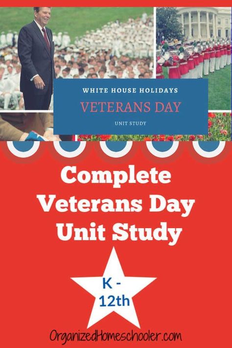 These Veterans Day lesson plans are all you will need to teach the history of Veterans Day. There are lessons for kindergarten - high school.  They make a fantastic homeschool unit study. #homeschool #VeteransDay #unitstudy Unit Study Homeschool, Lessons For Kindergarten, High School Homeschool, Veterans Day Activities, Homeschool Holidays, Unit Studies Homeschool, Elementary Books, Free Homeschool Curriculum, Homeschool Elementary