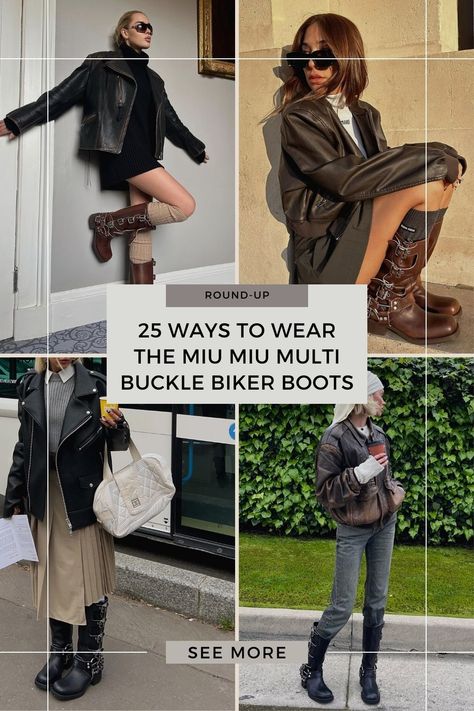 25 ideas to style the Miu Miu multi buckle biker boots Biker Boots Fall 2023, Jeans And Biker Boots Outfit, Moto Booties Outfit, Dress With Biker Boots, Miu Miu Boots Street Style, Bike Boots Woman Outfit, Knee High Motorcycle Boots Outfit, Tall Biker Boots Outfit, Black Motorcycle Boots Outfit