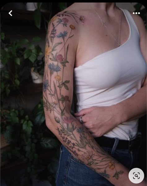 Clover Flower Tattoo, Floral Tattoo Design Sleeve, Wildflower Tattoo Sleeve, Wildflower Sleeve Tattoo, Flower Arm Sleeve Tattoo, Sage Tattoo, Floral Sleeve Tattoo, Flower Sleeve Tattoo, Simple Flower Tattoo