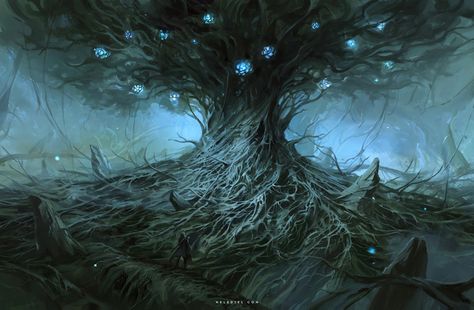 Ancient Tree, Nele Diel on ArtStation at https://www.artstation.com/artwork/BJQwA Domain Expansion, Fantasy Scenery, Fantasy Tree, Dark Tree, Relaxing Art, Ancient Tree, Fantasy Images, Fantasy Setting, Fantasy Places