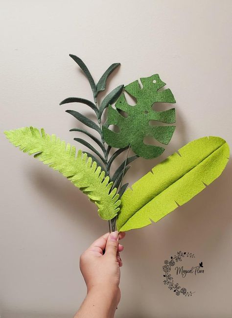 Felt tropical leaves #feltflowers #feltgreenery Felt Leaves Diy Leaf Template, Felt Greenery Diy, Felt Jungle Leaves, Felt Fern, Hawaiian Flower Felt, Indian Wedding Video, Felt Flower Bouquet, Mother's Day Bouquet, Felt Headband