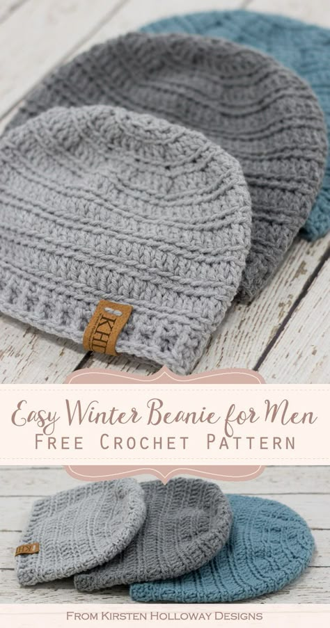 This quick winter hat uses basic stitches to create a simple, but pleasing texture. The pattern comes in 4 sizes and has several finishing options to choose from including earflaps, and a pom-pom. #freecrochetpatterns #crochethatpatternsformen #kirstenhollowaydesigns Mens Hat Pattern, Mens Crochet Beanie, Mens Pattern, Beanie Pattern Free, Crochet Mens Hat, Easy Crochet Hat Patterns, Crochet Beanie Pattern Free, Men's Beanie, Beanie For Men