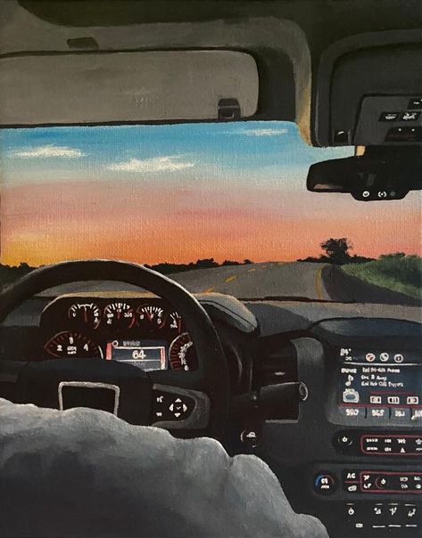 Car Scenery Drawing, Car Painting Aesthetic, Driving Painting, Road Trip Painting, Car Oil Painting, Road Trip Art, Spiderman Painting, Sunset Acrylic Painting, Badass Drawings