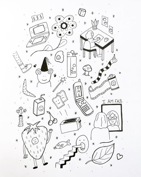 Tattoo flash sheet, designs, drawing, funny, small, animals, art, stick and poke, hand poke Stick N Poke Flash Sheet, Doodle Flash Art, Weird Stick And Poke Tattoo, Flash Stick And Poke, Hand Poke Flash, Colored Stick And Poke Tattoo, Stick N Poke Designs, Cute Tattoo Flash Sheet, Color Stick And Poke Tattoo