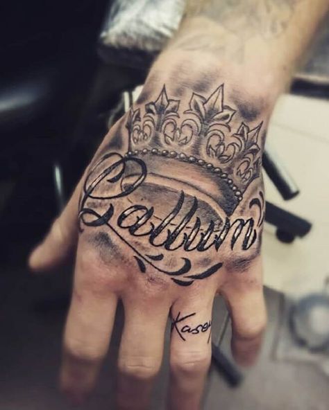 Name Tattoos On Hand, Baby Hand Tattoo, Name With Crown Tattoo, Tattoos On Hand, Name Tattoo On Hand, Small Wave Tattoo, Side Hand Tattoos, Butterfly Hand Tattoo, Names Tattoos For Men