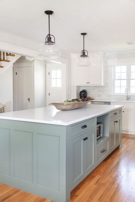 Kitchen Island Colors With White Kitchen, Blue Green Kitchen Cabinets, Colored Island, Blue Green Kitchen, Hanging Bookshelf, Classic Kitchen Cabinets, Green Kitchen Island, Open Bookshelf, Bookshelf Lighting