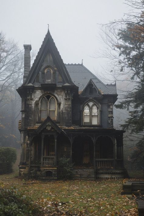 12 Gothic Farmhouse Designs That Exude Charm and Character! - My Decor Inspo Haunted Interior Design, Gothic House Blueprint, Victorian Gothic Cottage, Brick Gothic Architecture, Midwestern Gothic House, Gothic Cottage Aesthetic, Cathedral House Exterior, Gothic Houses Victorian, Abandoned Houses In The Woods