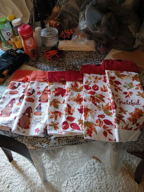 Dollar Tree Crafts & DIY with Instructions! + Freebies! 🥳 | Made these Fall hanging towels from pot holders and dish towels from Dollar Tree | Facebook Dish Towels With Snaps, Snap Dish Towel, Doller Tree Thanksgiving, Dollar Tree Crafts Diy, Oven Dress Dishtowel, Thanksgiving Kitchen Towels, Hanging Towels, Place Mats, Tree Crafts