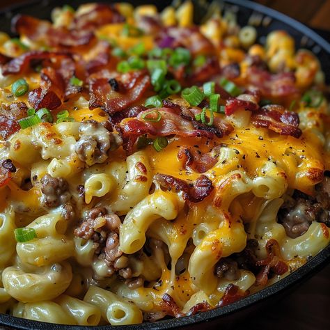 🍔 Loaded Bacon Cheeseburger Mac 🧀  📋 Ingredients:  - 8 ounces elbow macaroni - 4 slices of bacon, chopped - 1 pound ground beef - 1 small onion, diced - 2 cloves garlic, minced - 1 cup beef broth - 2 cups shredded cheddar cheese - 1 teaspoon Worcestershire sauce - Salt and pepper, to taste - Green onions, chopped (for garnish) #CheeseburgerMac Beef Mac And Cheese, Cheeseburger Mac And Cheese, Cheeseburger Mac, Cheeseburger Pasta, Shredded Cheddar Cheese, Bacon Pasta, Food Babe, Bacon Cheeseburger, Elbow Macaroni