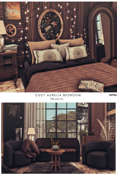 The Sims 4 Cozy Bedroom Custom Content Mods. Download at @thesimsresource #ShowUsYourBuilds #thesims4 #Sims4 #sims4game #ts4house #ts4build #ts4builds #ts4nocc #ts4mm #simsbuilds #ts4 #sims4housebuild #sims4house #sims4home #sims5 #sims4build #simshousedesign #thesims4housebuild . Download here: https://www.thesimsresource.com/downloads/1715363 Sims 4 Dark Academia Furniture, Sims 4 Vintage Bedroom Cc, Sims 4 Bedroom Inspiration, Sims 4 Cc Bohemian Furniture, Sims 4 Cc Maxis Match Curtains, Sims 4 Cosy Cc, Ts4 Mm Furniture, Sims 4 Armchair, Sims 4 Functional Bed Cc