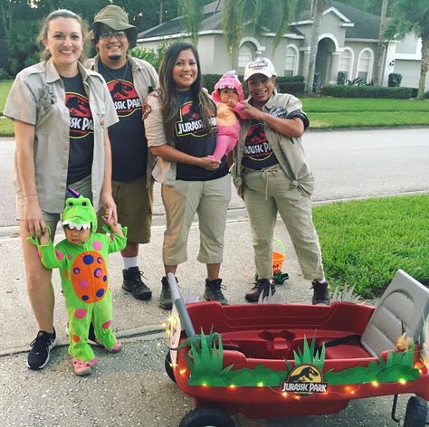 DIY Family dinosaur/Jurassic Park Halloween Costume Dinosaur Themed Family Costumes, Jurassic Family Costume, Jurassic Halloween Costume, Halloween Jurassic Park Costume, Dinosaur Park Ranger Costume, Dinosaur Tamer Costume, Dinosaur Trainer Costume, Dinosaur Costumes Family, Dinosaur Theme Halloween Costumes