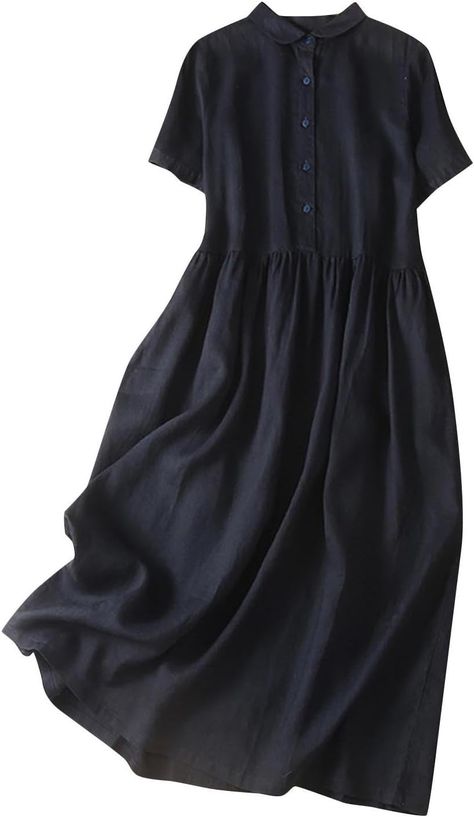 FunAloe Linen Dresses for Women UK Plus Size Short Sleeve Round Neck Plus Size Summer Dresses Plain Lapel Pleated Swing Wrap Beach Dresses Plus Size Elegant Wedding Casual Loose Fit Flowy Maxi Dress Fit Womens, Linen Shirt Dress, Linen Casual, Autumn 2024, Long Dress Casual, Pattern Ideas, Summer Chic, Shirt Dresses, Midi Shirt Dress