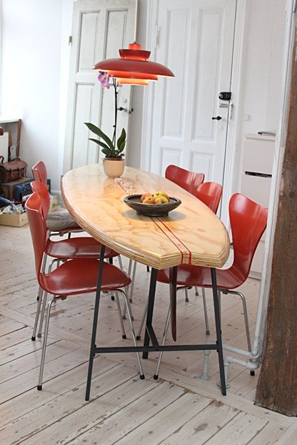 Surfboard dinner table. #3: Surfboard dinner table - making my own wave. - by mafe @ LumberJocks.com ~ woodworking community Diy Surfboard Table, Surfboard Dining Table, Surf Board Bar, Surfboard Desk, Surf Board Table, Surfboard Room Decor, Surf Board Decor, Surf Table, Dinner Table Diy