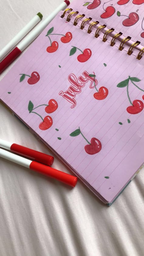 Cherry, bullet journal, bullet journal cover, cherry, aesthetic Cherry Bullet Journal Theme, Cherry Bullet Journal, Month Journal Cover, Simple Bullet Journal Themes, July Journal Cover, July Journal Ideas, Bullet Journal July Cover, Summer Bullet Journal Cover, Journal Cover Aesthetic