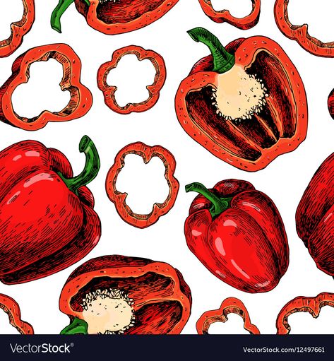 Paprika Illustration, Pepper Drawing Realistic, Bell Pepper Drawing, Vibey Pictures, Pepper Illustration, Bell Pepper Watercolor, Ice Cream Cartoon, Conversational Prints, Food Illustration Art