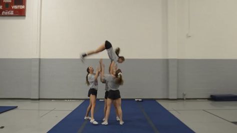 Load to inversion at shoulder level - USA Cheer Cheer Inversion Stunt, Inversion Cheer Stunts, Cheer Dismounts, Cheer Pyramids, Usa Cheer, Cheer Moves, Stunt Video, Job Coaching, High School Cheer