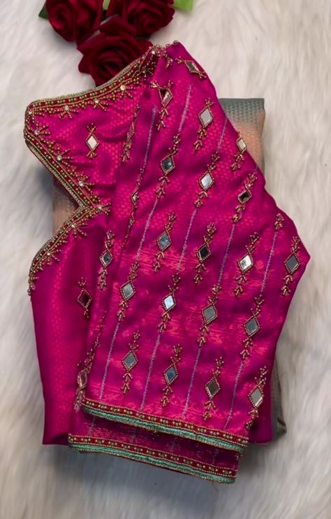 Blouse Pattern For Cotton Saree, Mirror Maggam Work Blouse Designs Latest, Pink Blouse Designs For Saree Simple, Mirror Blouse Designs Latest, Pink Blouse Designs For Saree Silk, Pink Aari Work Blouse Designs, Simple Mirror Work Blouse Designs, Mirror Work Saree Blouse, Basic Blouse Designs