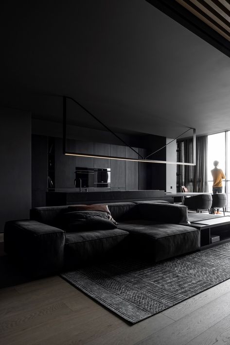 Black Living Room Ideas, Monochrome Apartment, Black House Interior, Dark Interior Design, Interior Design Career, Black Houses, Black Rooms, Black Interior Design, Interior Design Per La Casa